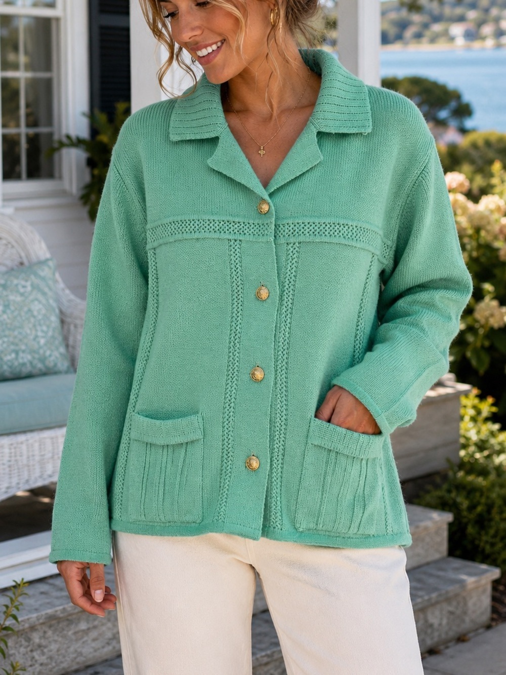 Vintage Montgomery Ward Mint Green Knit Cardigan Sweater Gold Buttons XL 1970s